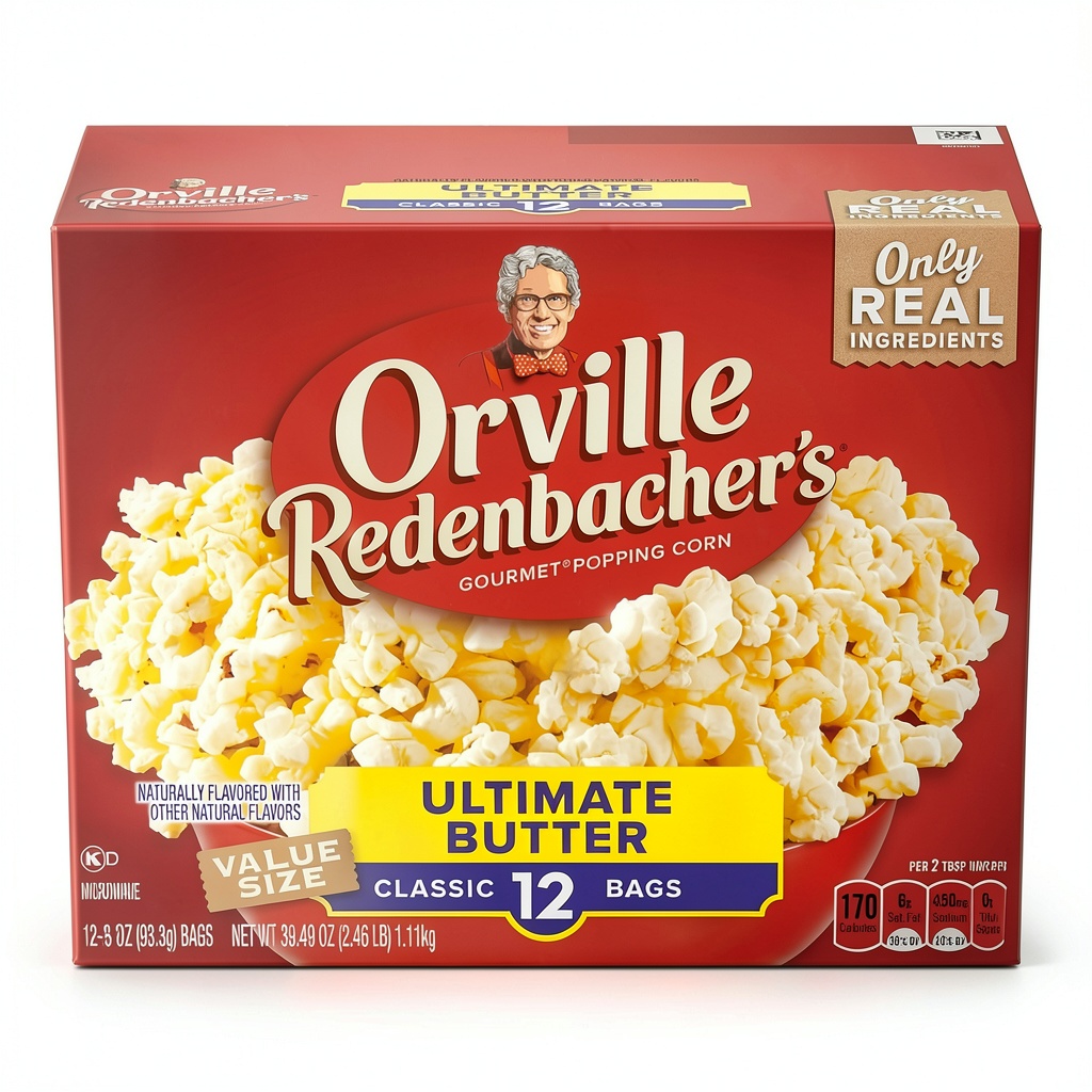 Orville Redenbacher Ultimate Butter Microwave Popcorn bags displayed on a kitchen counter