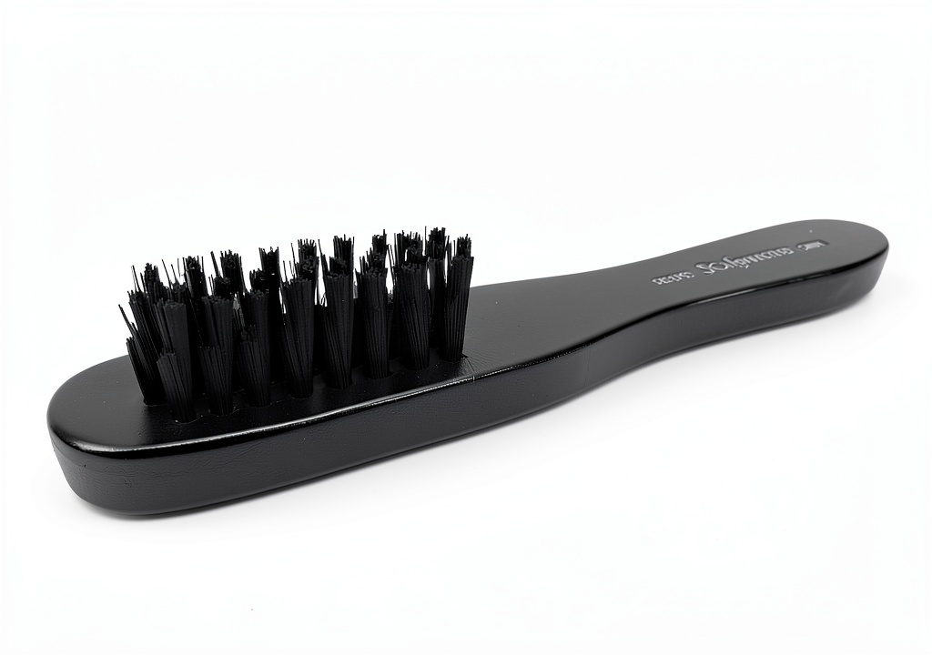 Scalpmaster Fade Brush with wooden handle and nylon bristles on a barber station
